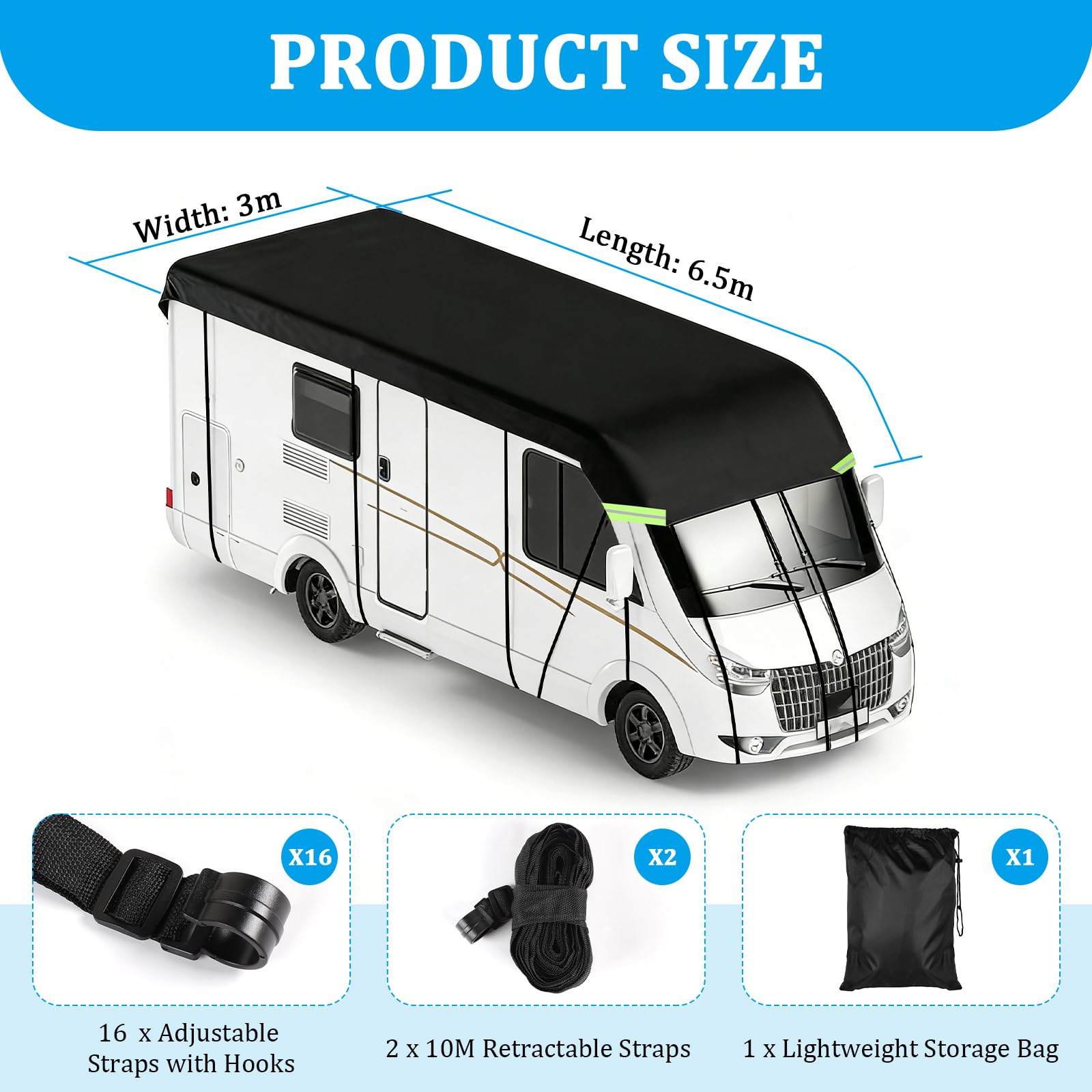 EXLECO Funda protectora para caravana, 6,5 x 3 m, impermeable, resistente al sol, resistente a la intemperie, lona de protección de techo 210D Oxford, cubierta de techo con tiras reflectantes