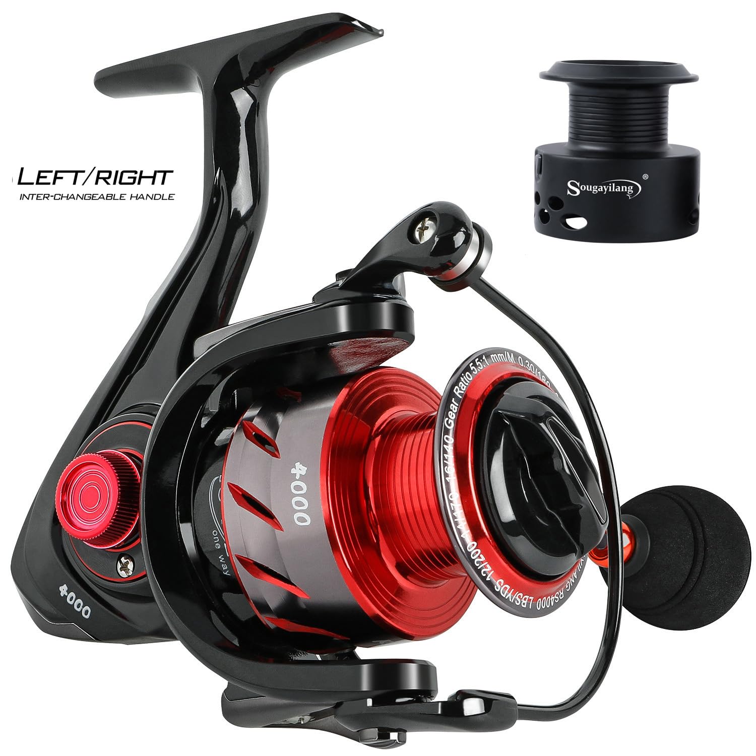 Sougayilang Mulinello da pesca 13 +1 MaxiDur con cuscinetti a sfera resistenti alla corrosione, sistema di frenatura SVS, bobina in grafite di ricambio, Red Skull, 5000 Series