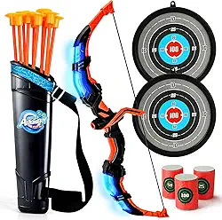Conjunto de arco e flecha para crianças de 4 a 12 anos, arcos iluminados com arco e flecha com 2 alvos, jogos de brinquedo ao ar livre para meninos