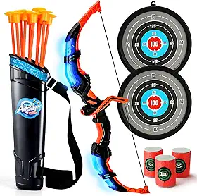 Conjunto de arco e flecha para crianças de 4 a 12 anos, arcos iluminados com arco e flecha com 2 alvos, jogos de brinquedo ao ar livre para meninos