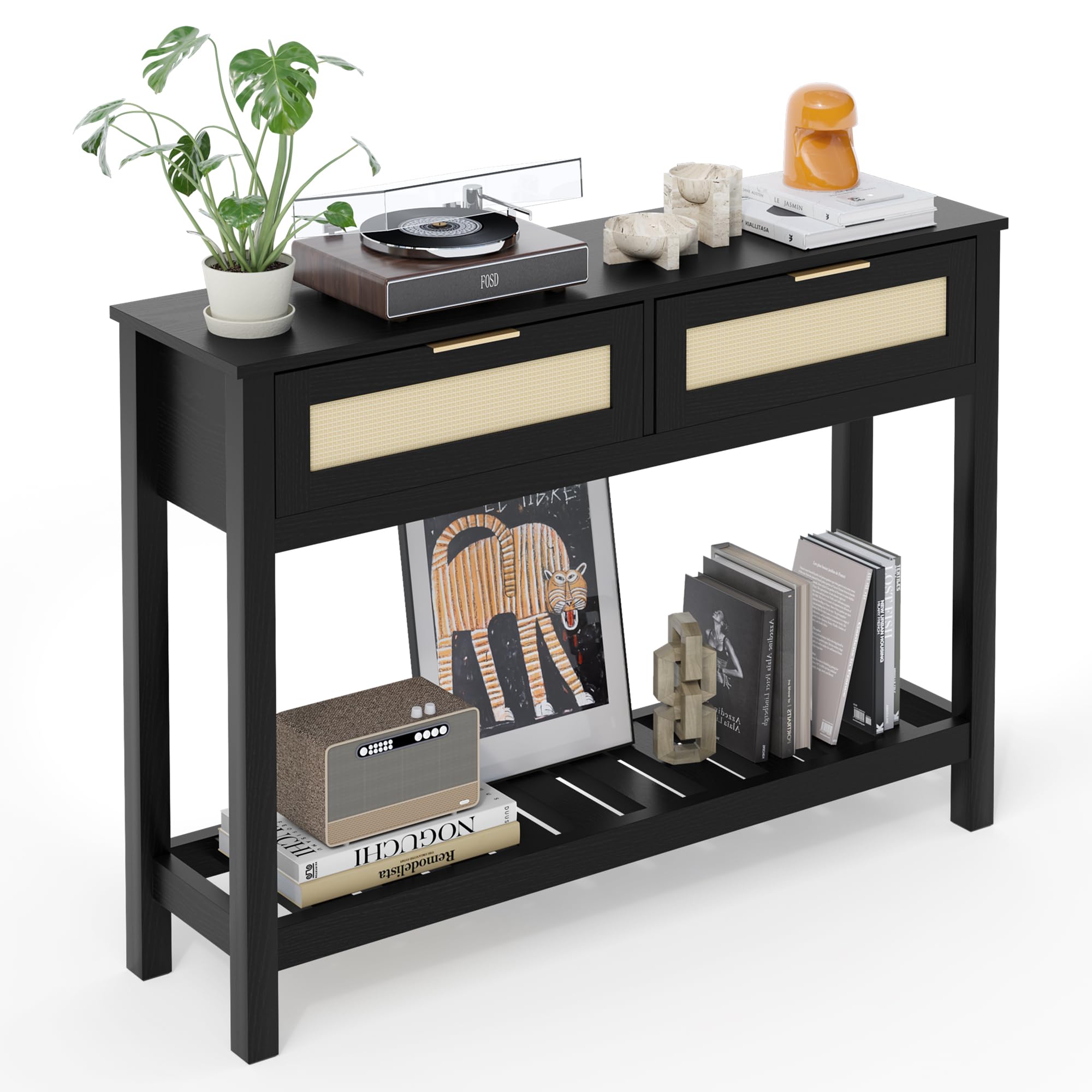 Photo 1 of JOINHOM Console Tables with 2 Drawers,Rattan Entryway Table with Storage Shelf,Wood Boho Foyer Tables for Entryway,Farmhouse Console Tables for Living Room,Hallway, Sofa Table,Study Or TV Wall