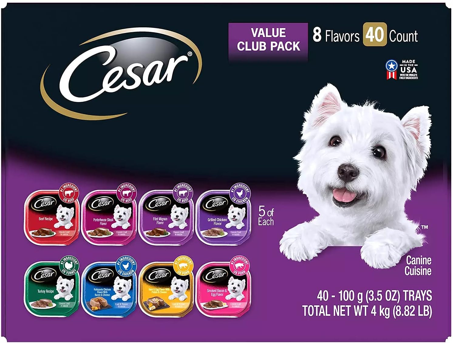 Cesar Canine Cuisine Wet Dog Food, 8 Flavor Variety Pack Classic Loaf in Sauce - Forty Counts with 8 Different Classic Flavors - Variety Pack (1 - Pack)