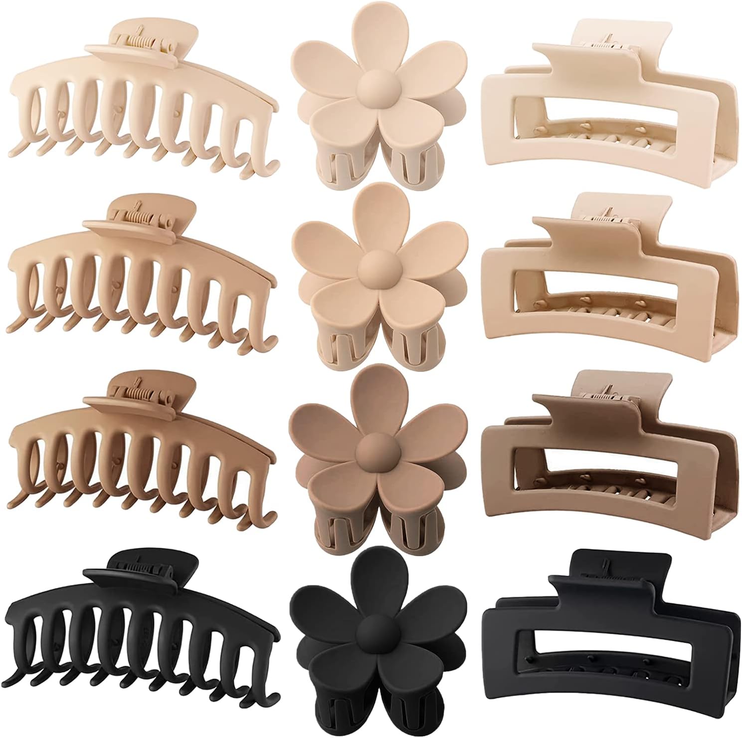 Large Hair Claw Clips 12 Pack, Flower Hair Clips for Thin Hair, Big Square Matte Strong hold for Thick Hair, 3 Styles Hair Clips for Women Thick Hair Neutral Colors