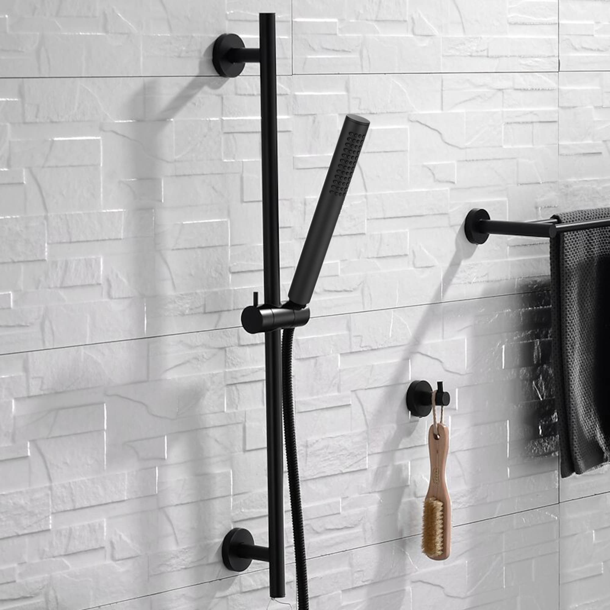 Enki Black Es022, Shower Slider Riser Rail Kit, Includes Adjustable Slider, Stylish Pencil Shower Head, Hose And Wall Elbow Outlet, Durable Finish
