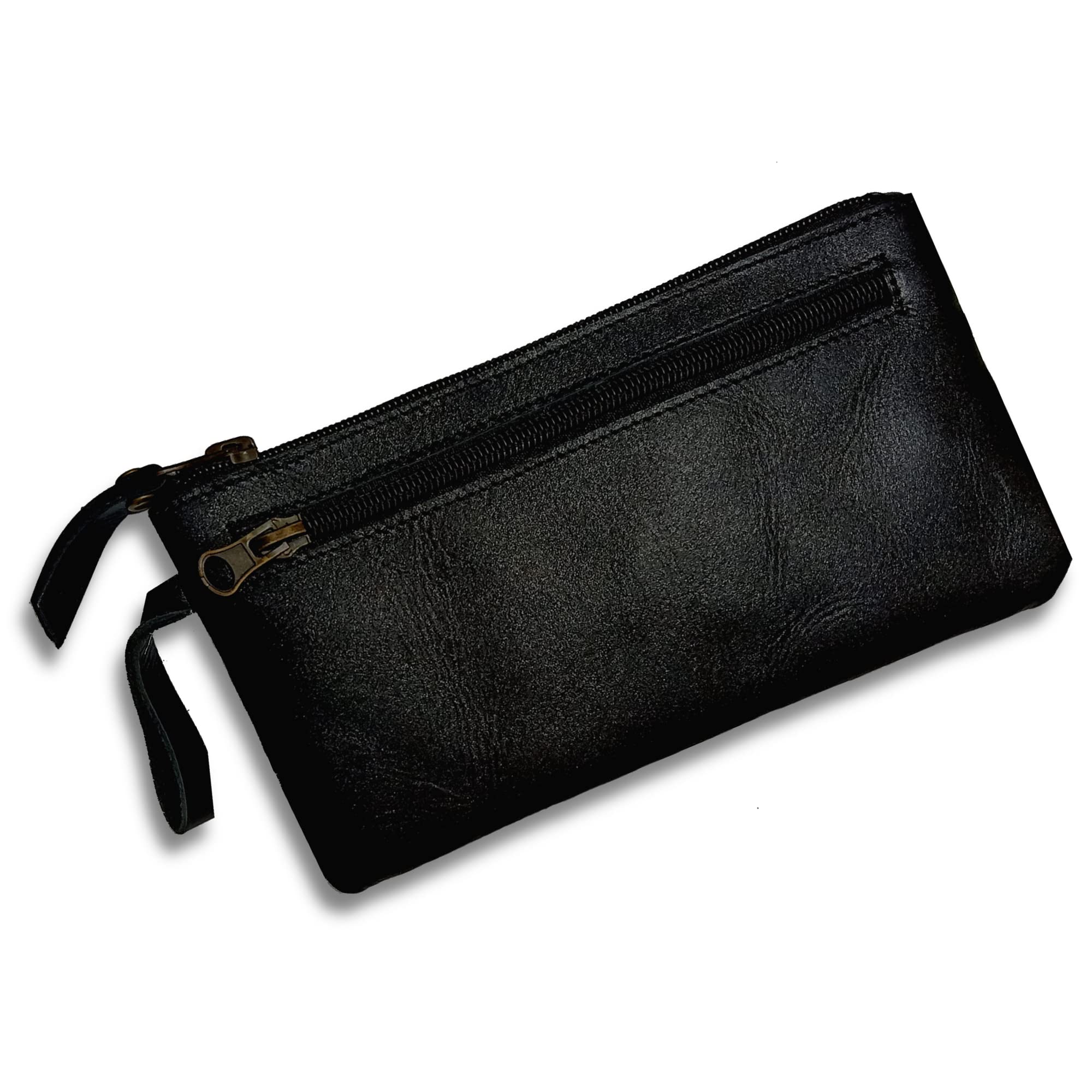 LeatheriseLeather Zipper closure pouch- Handcrafted Genuine Leather Organizer bag for Men & Women Flat (Black)