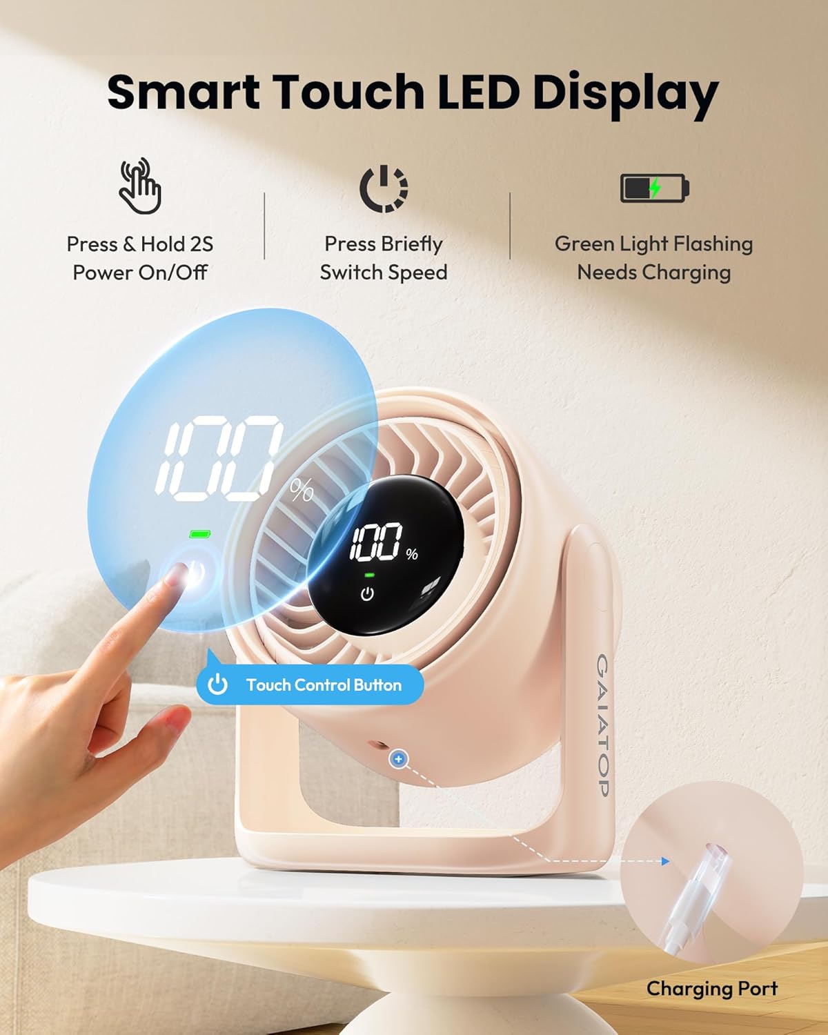 Gaiatop Desk Fan with Touch Control, 4000mAh Battery, 5 Speeds Ultra Quiet Bedroom Fan with LED Display, 90° Tilt, 7.7 Inch USB-C Rechargeable Desktop Fan for Dorm Office Room Home Office, Pink