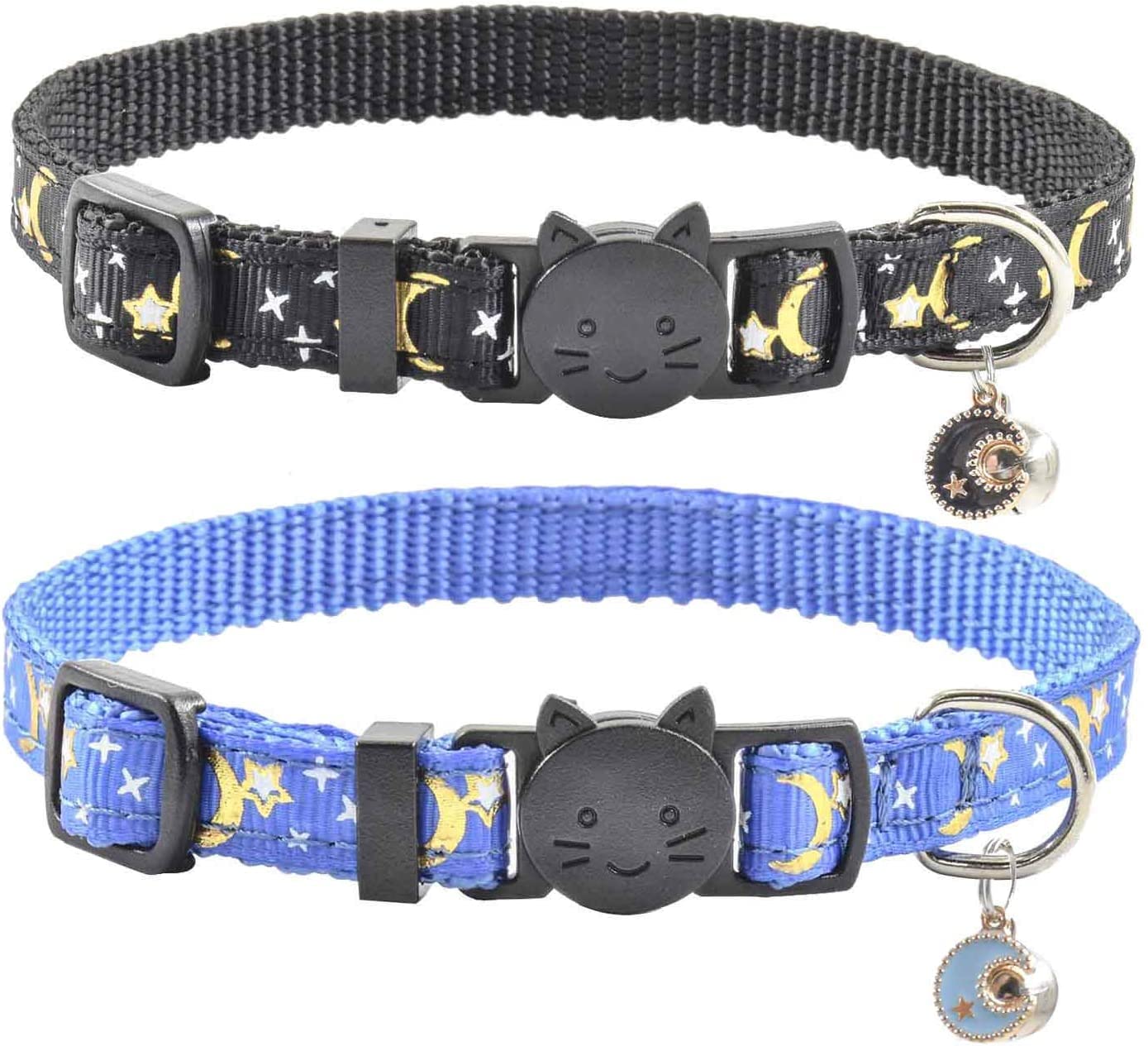 SWR 2 PCS Breakaway Cat Collar with Bell, Cute Adjustable Kitten Collars with Accessories (Black Blue)