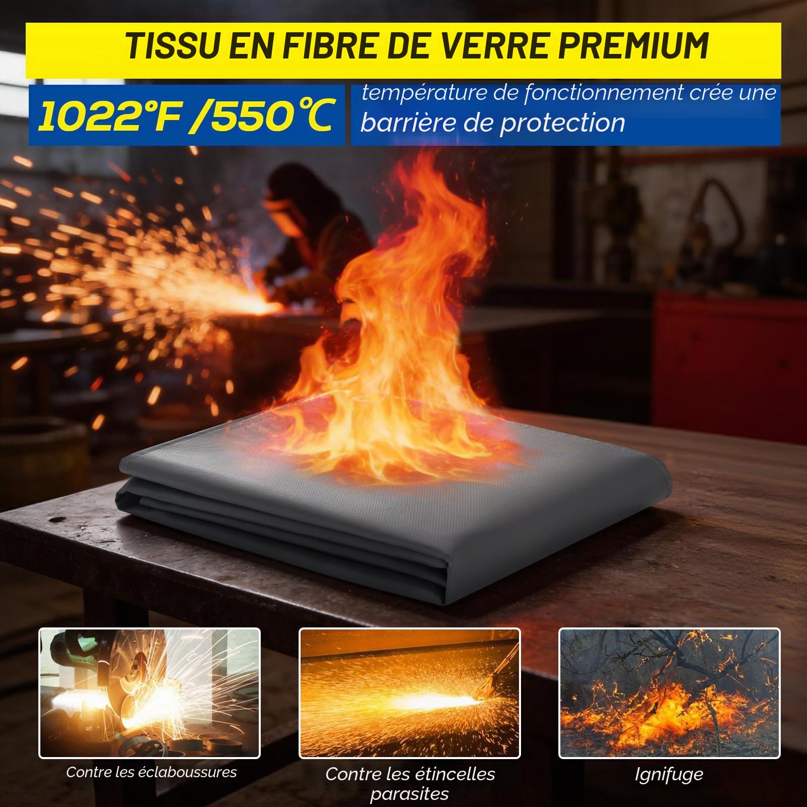 PAWBOSE Lot de 2 couvertures de soudage 120x180 cm, ignifuge fibre verre enduite silicone pour soudage/découpage. Protection ultra-résistante, avec sac rangement, utilisable intérieur/extérieur.