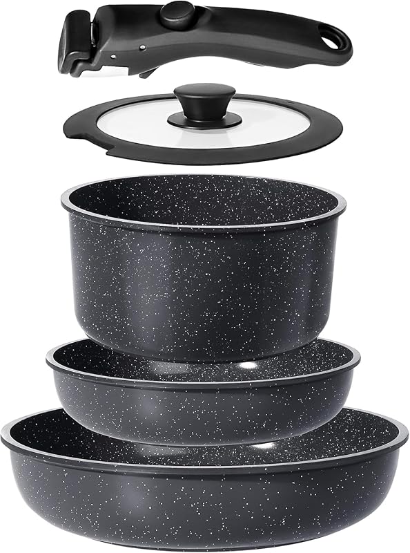 GiPP Juego de ollas y sartenes de cerámica antiadherentes, juegos de utensilios de cocina con mango desmontable antiadherente, olla y sartén de cocina de inducción no tóxica con mango extraíble, utensilios de cocina saludables para vehículos recreativos, aptos para lavavajillas y horno, 5 piezas