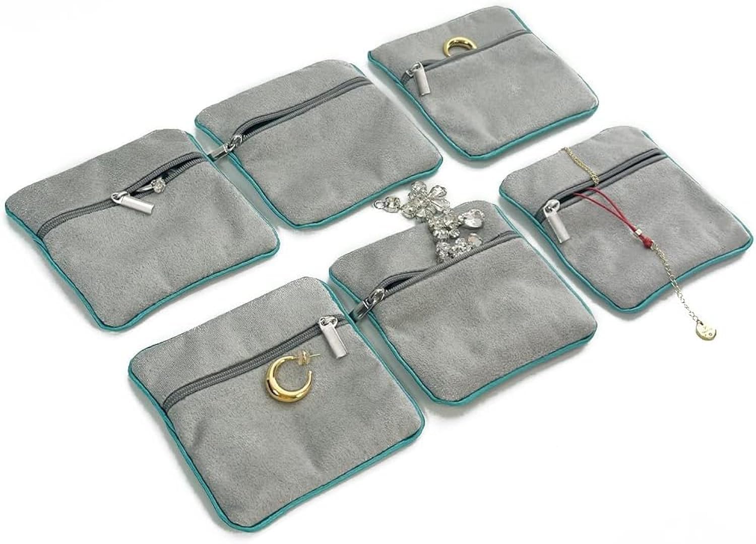 Azonee Jewelry Pouch - 6 Pack Padded Velvet with Zipper Travel Jewelry Storage Bag - Women Jewelry Case - Earrings, Rings, Bracelets, Necklaces