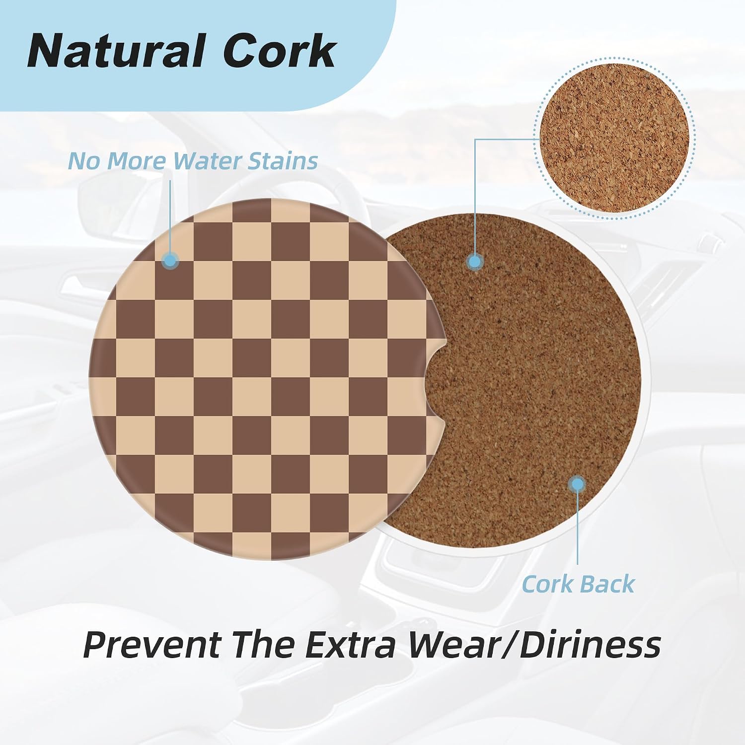 Brown Checkered Car Coasters for Cup Holders,2 Pack Car Cup Holder Coasters for Car,Ceramic Absorbent Car Coaster with A Finger Notch and Cork Base,Car Interior Accessories for Women Men