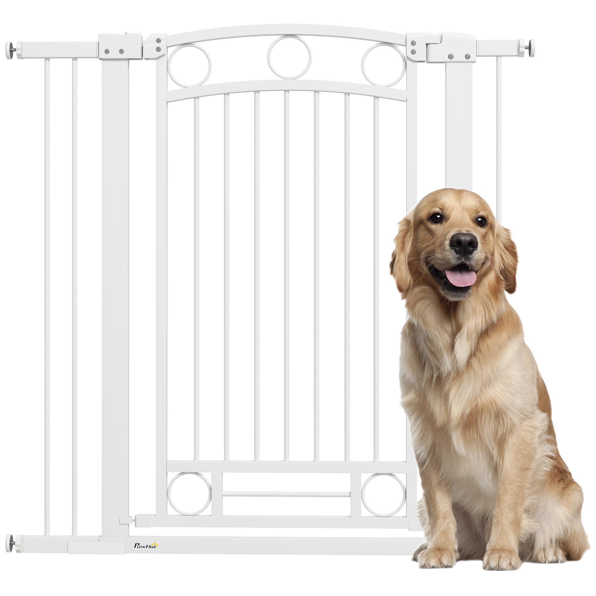 PawHut Cancelletto per cani con barriera di sicurezza per cani 76-104 cm Altezza 105 cm con 2 prolunghe 7/14 cm per scale e cancelli Bianco