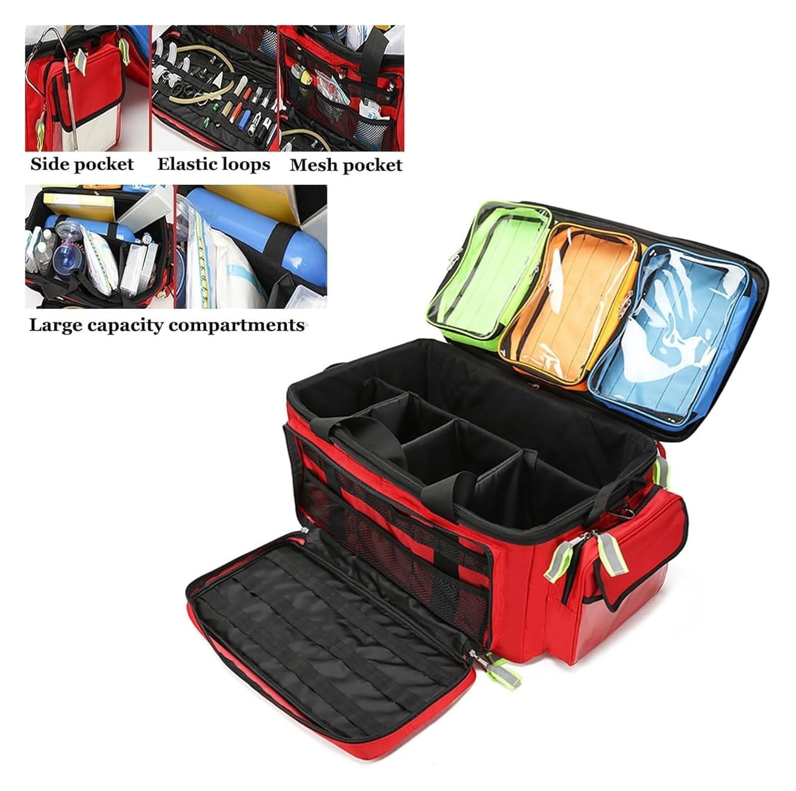 Maletín médico con ruedas y carrito desmontable, gran capacidad, interior multibolsillos, patas antideslizantes, bandas reflectantes, color rojo, botiquín de primeros auxilios portátil.