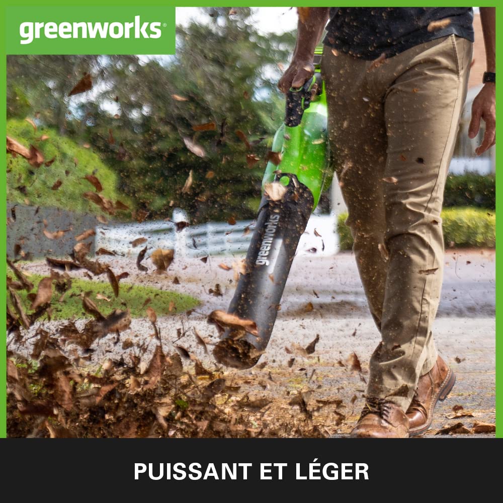 Greenworks GD40AB Souffleur à Batterie Axial de Feuilles Mortes Sans Fil, Régulateur de Vitesse, Moteur Sans Balais, 210km/h, 15,6 m³/min, Fonction Turbo, SANS Batterie Ni Chargeur 40V, Garantie 3 Ans