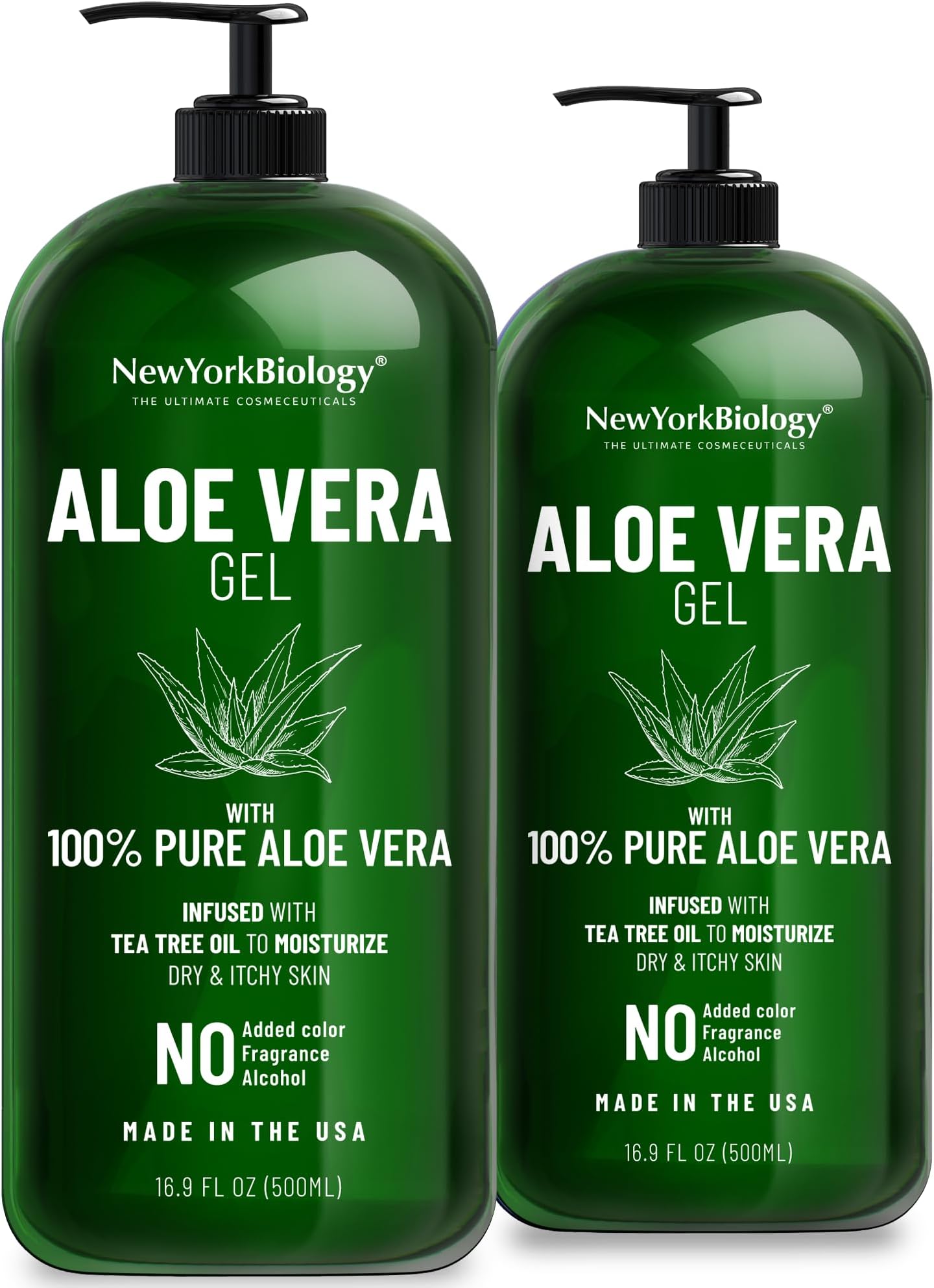New York Biology Aloe Vera Gel for Face, Skin and Hair - Infused with Tea Tree Oil - From Fresh Aloe Vera Plant - Moisturizing Aloe Vera for Sunburn Relief and Dry Skin - 16.9 Fl Oz - Pack of 2