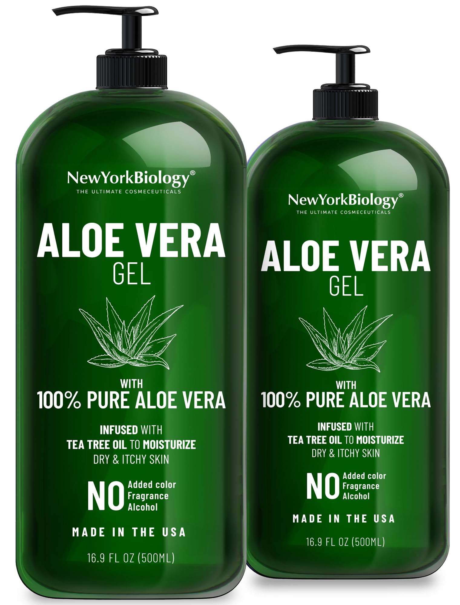 New York Biology Aloe Vera Gel for Face, Skin and Hair - Infused with Tea Tree Oil - From Fresh Aloe Vera Plant - Moisturizing Aloe Vera for Sunburn Relief and Dry Skin - 16.9 Fl Oz - Pack of 2