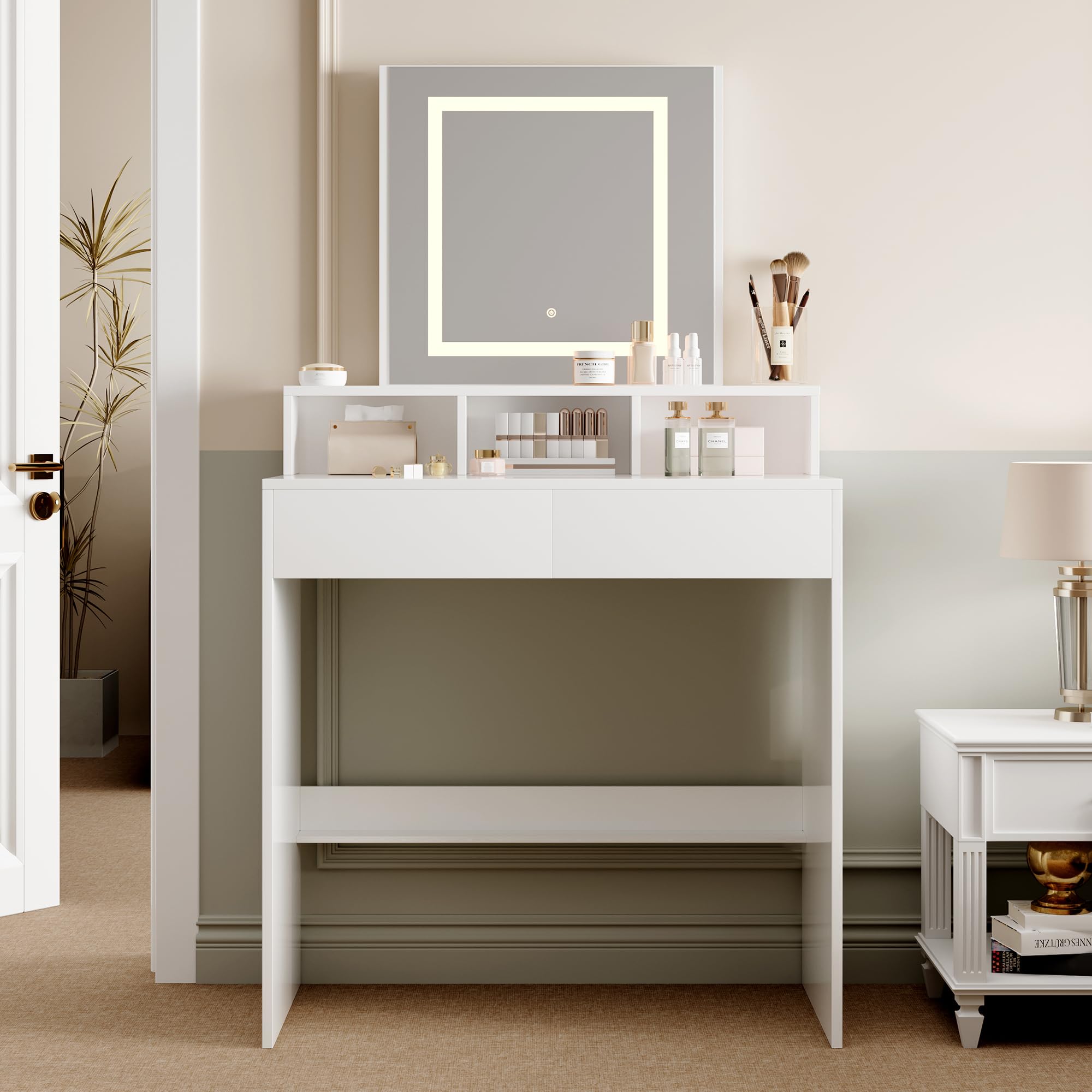 mcc direct Dressing Table, Vanity Desk with Mirror, LED Lights and Drawers, Makeup Desk with Brightness Adjustable, Large Open Storage Areas for Bedroom (WHITE) - TULSA