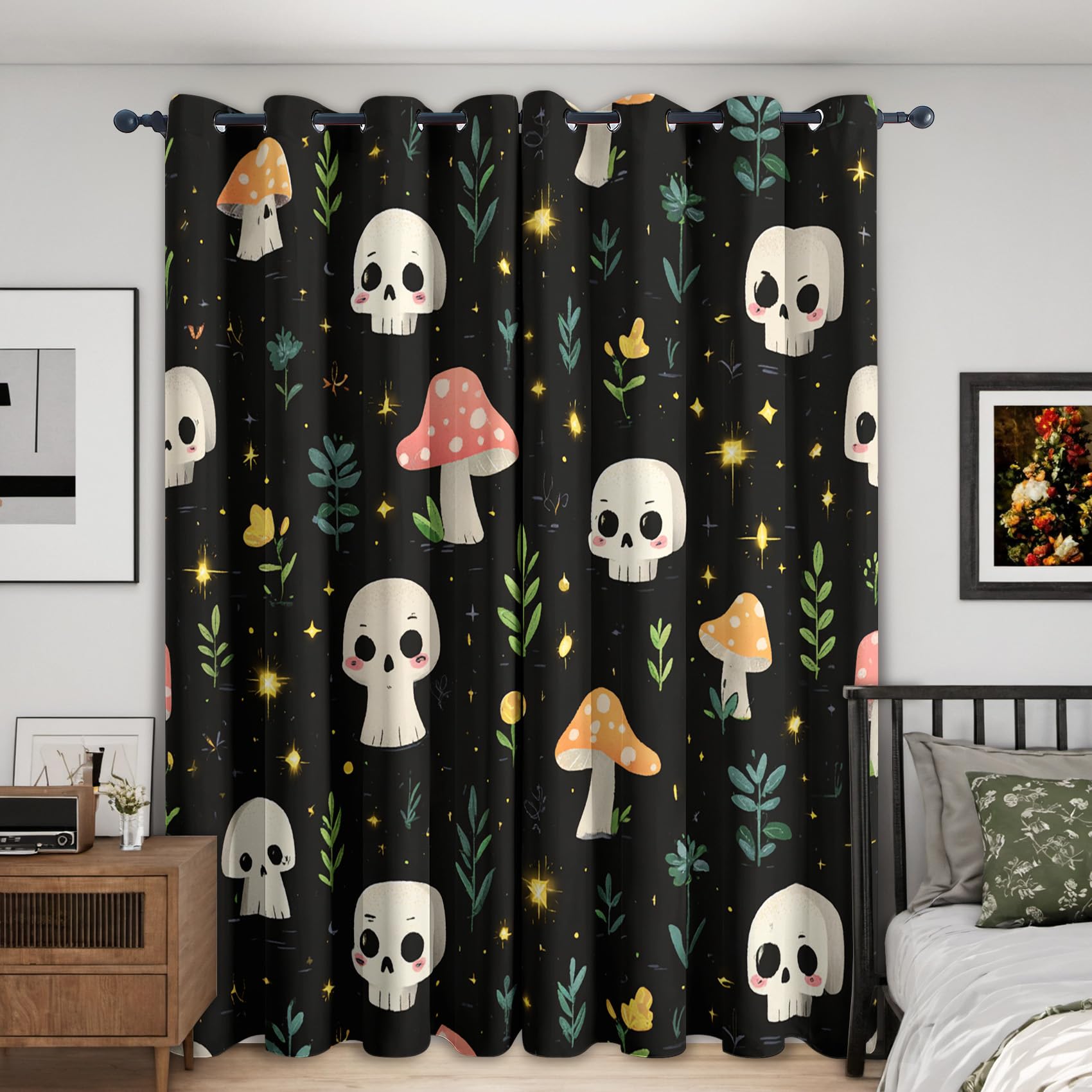 Cute Skull Blackout Curtains, 108 Drop, Kids Cartoon Mushroom Printed Curtains for Living Room, Bedroom, Eyelet Drapes for Window Home Decor, 90x108 Inch 2 Panels Rc3117