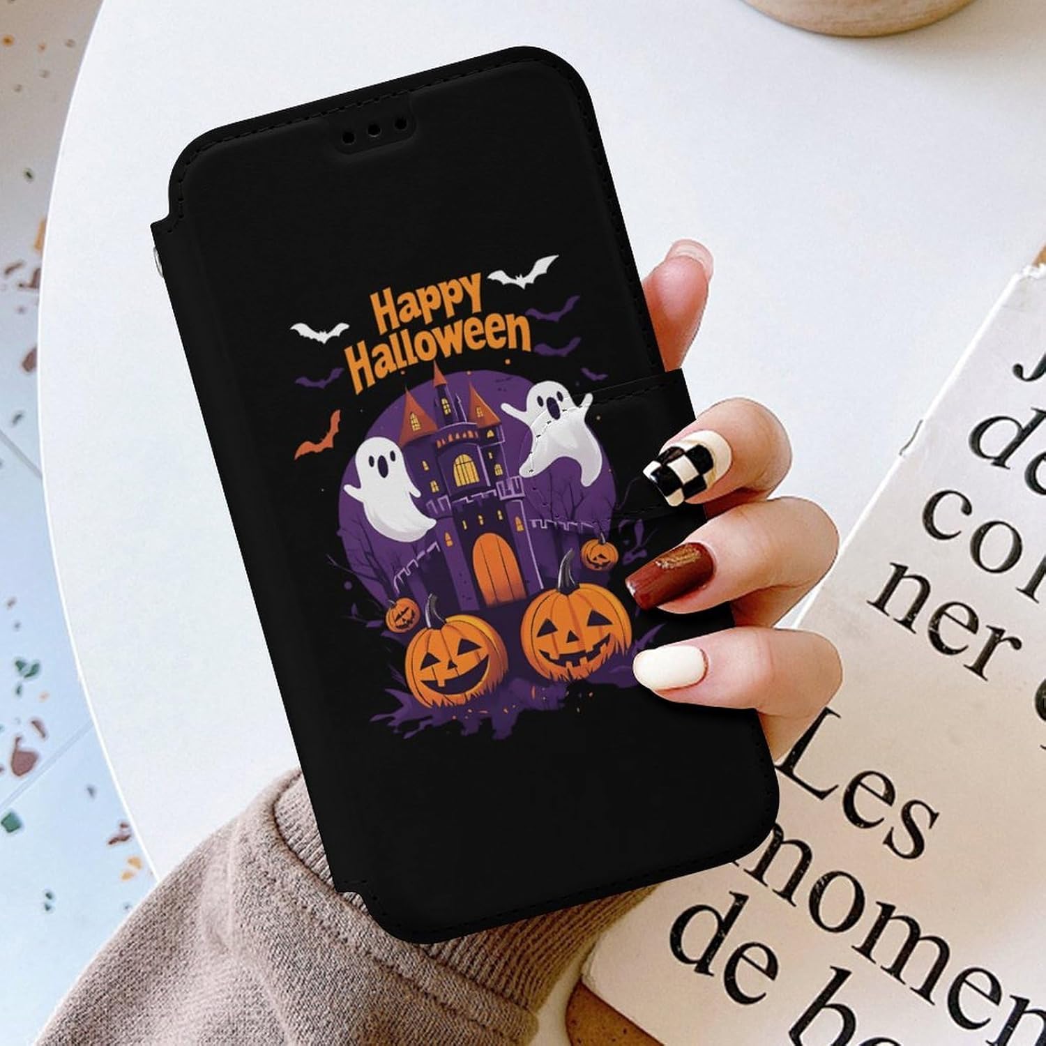 Halloween-Themed Pumpkins Ghosts Compatible with iPhone 16/16 Plus/16 Pro/16 Pro Max/16 E Case Phone Wallet Card Holder Flip Cover with Wrist Strap