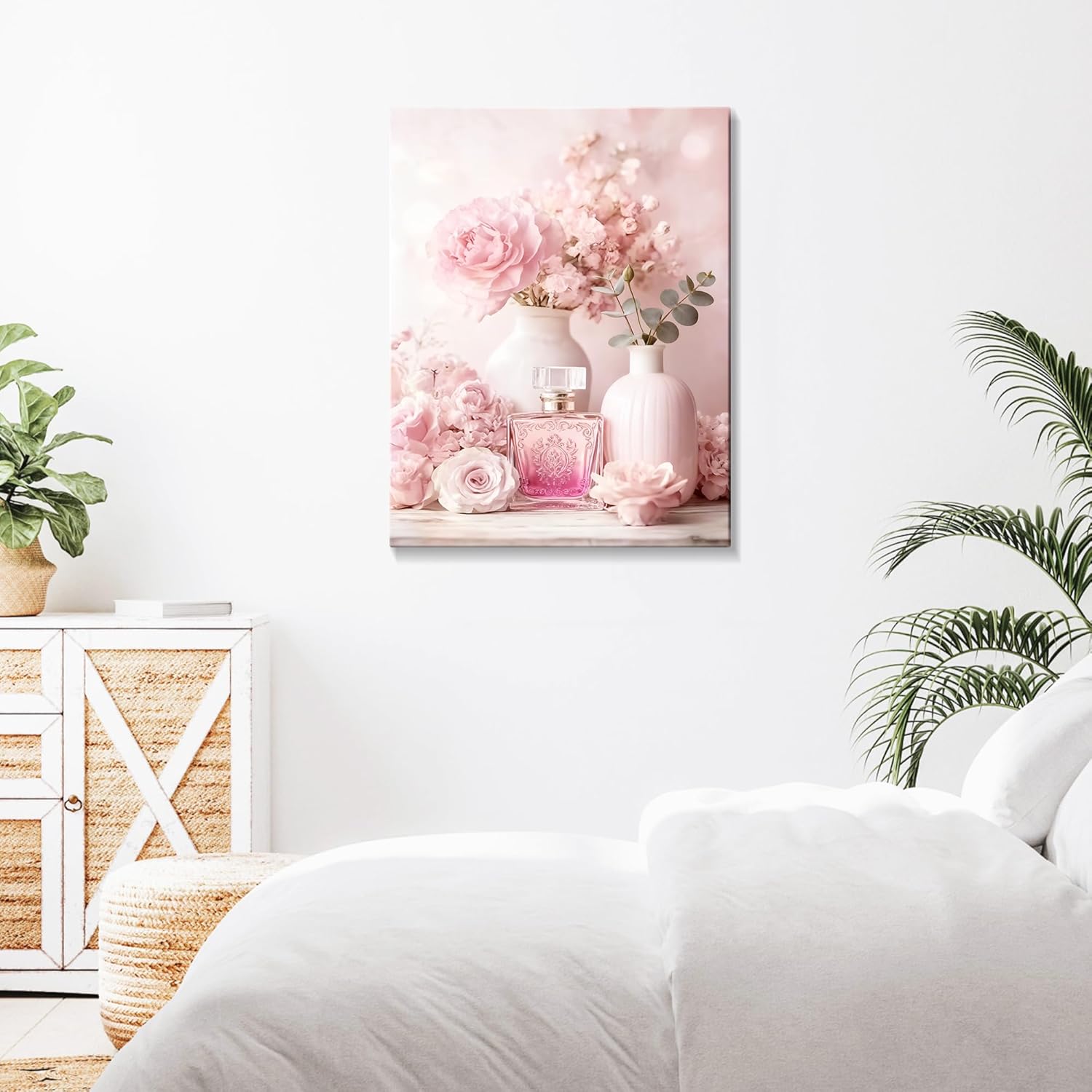 Valentine’s Day Framed Canvas Wall Art,Pink Romantic Rose Floral Canvas Print with Perfume, Elegant Home Décor for Bedroom & Living Room (24x36in)