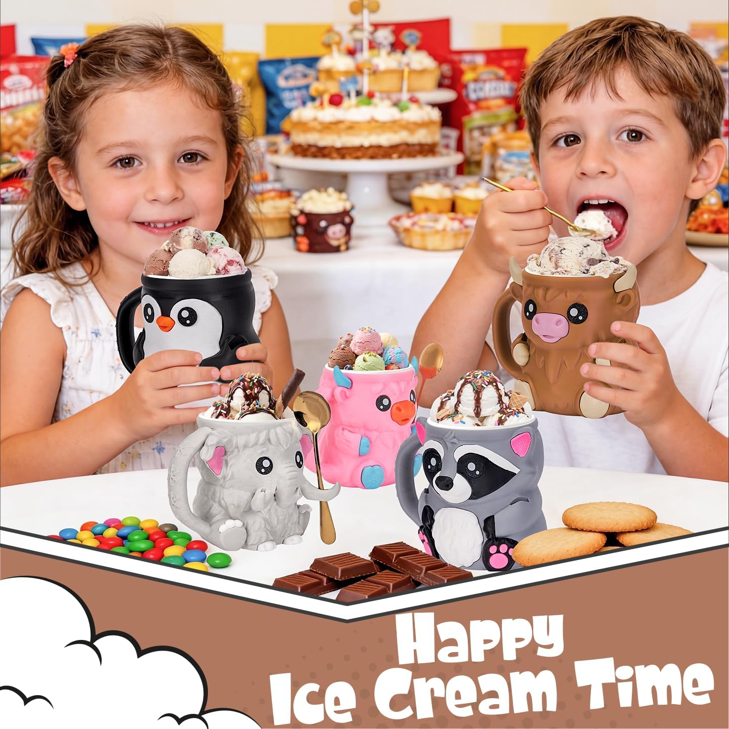 Ice Cream Pint Holder Highland Cow Ice Cream Holder with Handle & 2 Spoons Cute Animals Ices Creams Cooler Containers for 16Oz Pints Leak Proof Can Cups Highland Cow Lover Gifts (LIGHT BROWN)