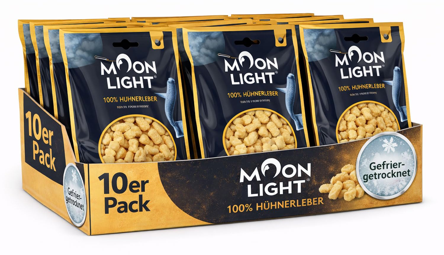 Moonlight - crostini per gatti, 10 pacchetti – fegato di pollo liofilizzato, 100% fegato di pollo, snack particolarmente aromatici e condimenti, senza cereali e zuccheri