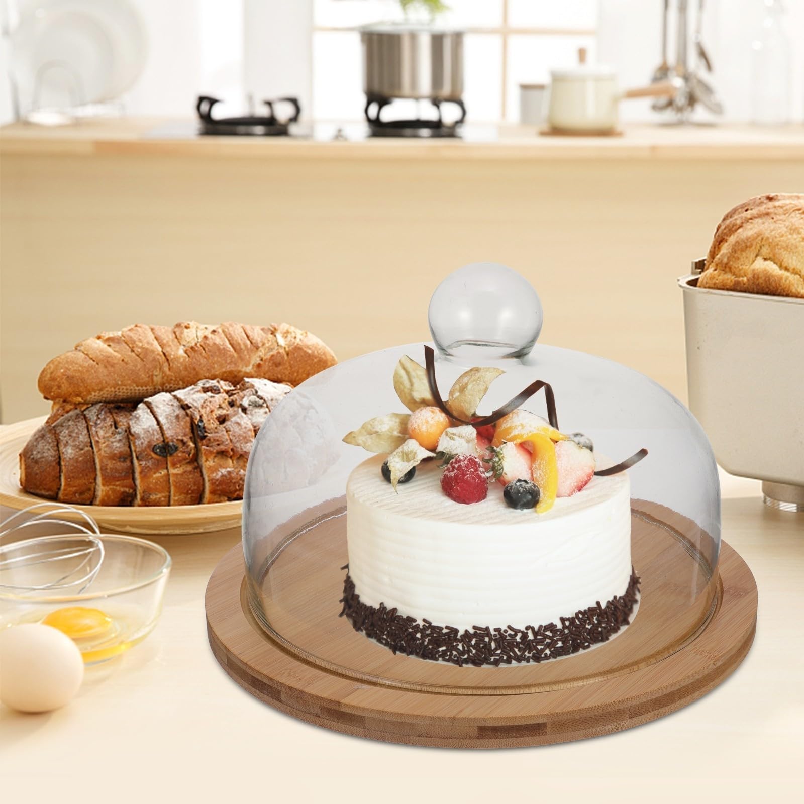 Zerodeko Soporte para Tartas con Tapa de Cristal y Base de Madera
