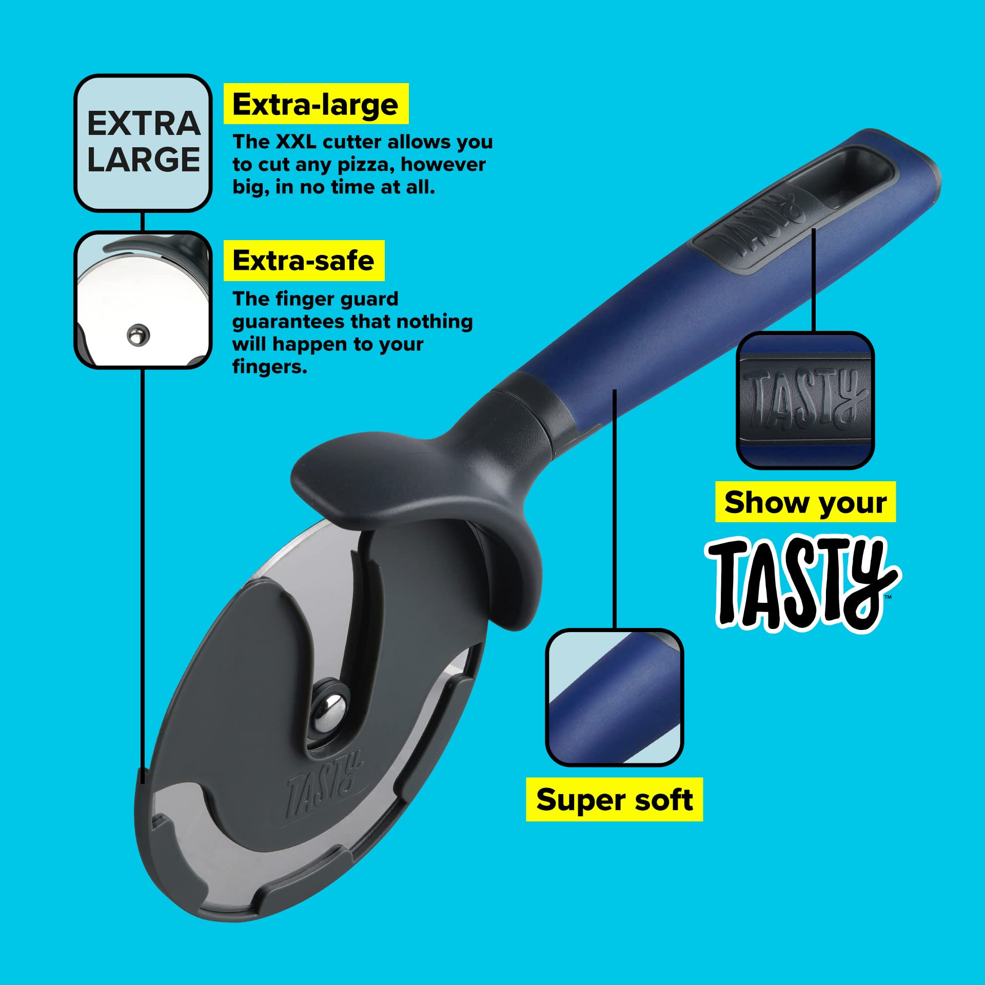 TASTY XXL Pizzaschneider Mit Soft-Touch-Griff – Rostfreier Edelstahl, Spülmaschinengeeignet, Inkl. Fingerschutz
