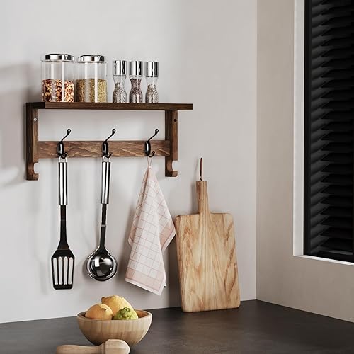 Miniatura 3 de Ganchos de pared con estante, ganchos de madera para colgar abrigos de pared, ganchos de pared para entrada, sala de estar, baño (marrón)