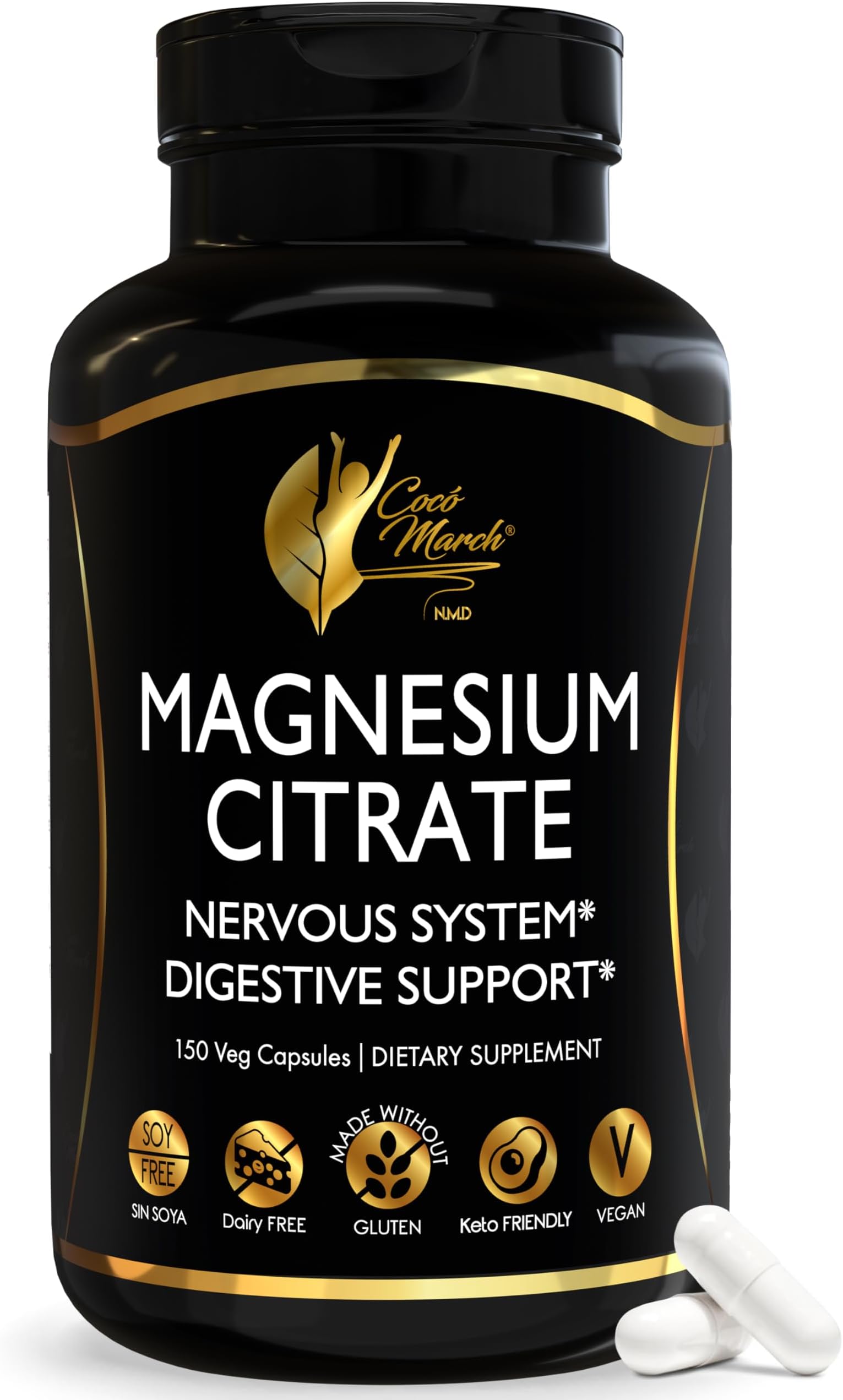 Cocó March N.M.D Magnesium Citrate 500mg per Serving, Gluten Free, Supports Sleep, Digestive Health, Muscle Function & Relaxation, High Absorption, Non-GMO, 150 Capsules