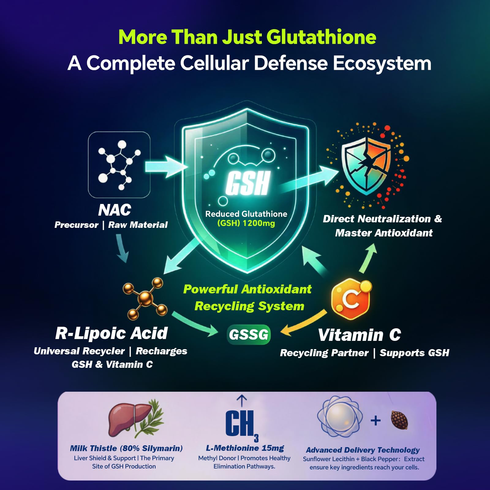 Liposomal Glutathione Supplement 1200mg Plus - with NAC, Milk Thistle, R-Lipoic Acid & Vitamin C, Built-in Regeneration System for Liver, Skin & Cellular Health, Non-GMO, 180 Capsules — Amazon image 3