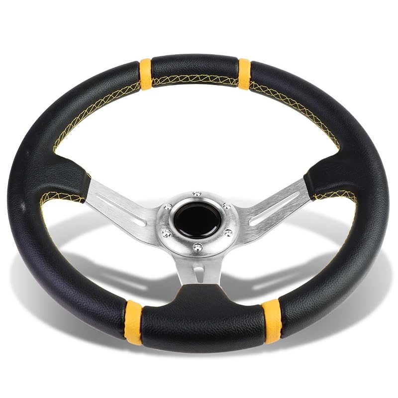 Volante esportivo de corrida DNA MOTORING 350 mm com botão de buzina, aro de alumínio e revestimento em couro vinílico, raios prateados, SW-ZTL-9043-SL-SL
