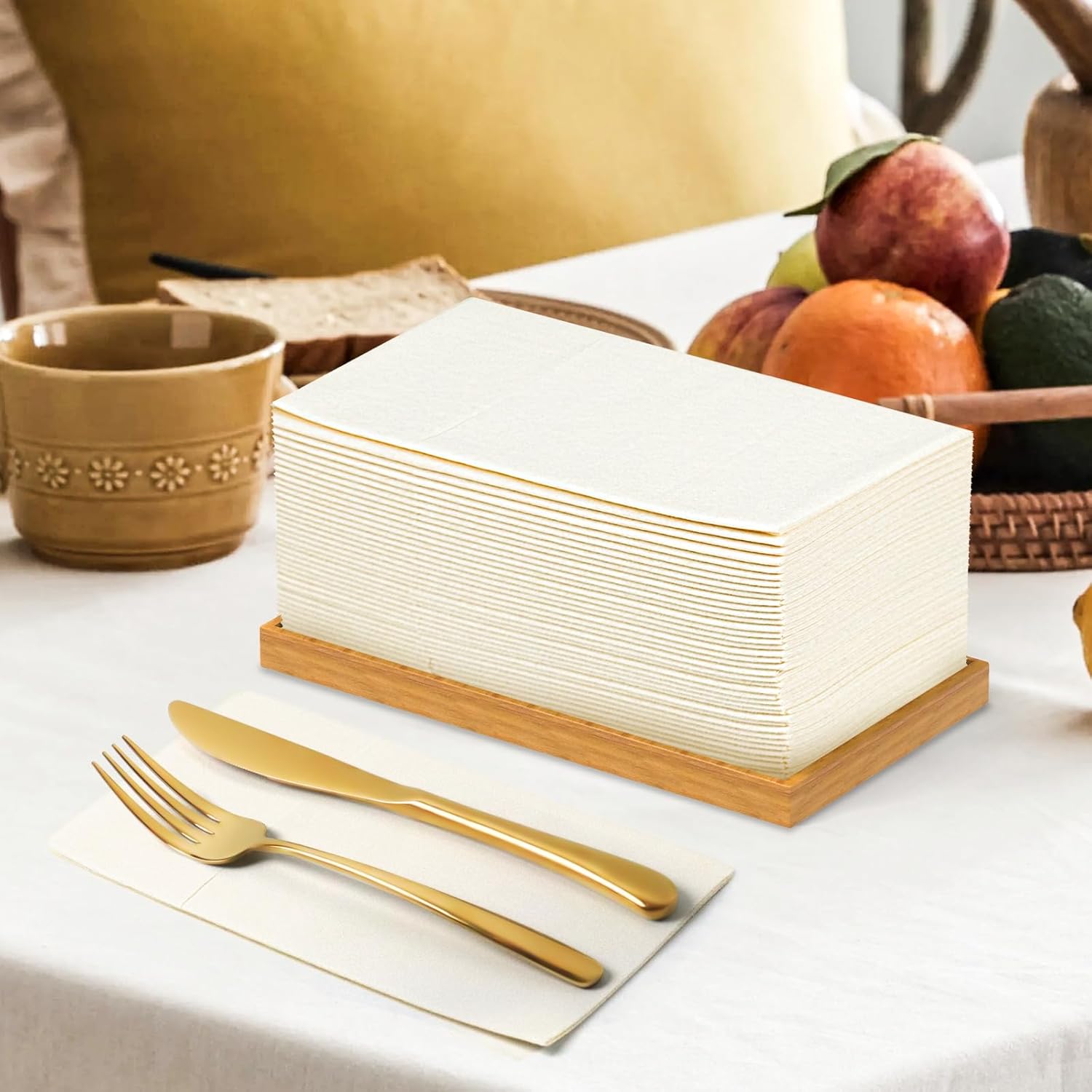 KAMMAK Dinner Napkins Disposable Beige Cloth like Paper Napkins with Pocket 100 Pack Folded Napkins Guest Hand Towel for Party Decoration, Wedding Reception, Bathroom and Kitchen (16.5 x 16.5 inch)