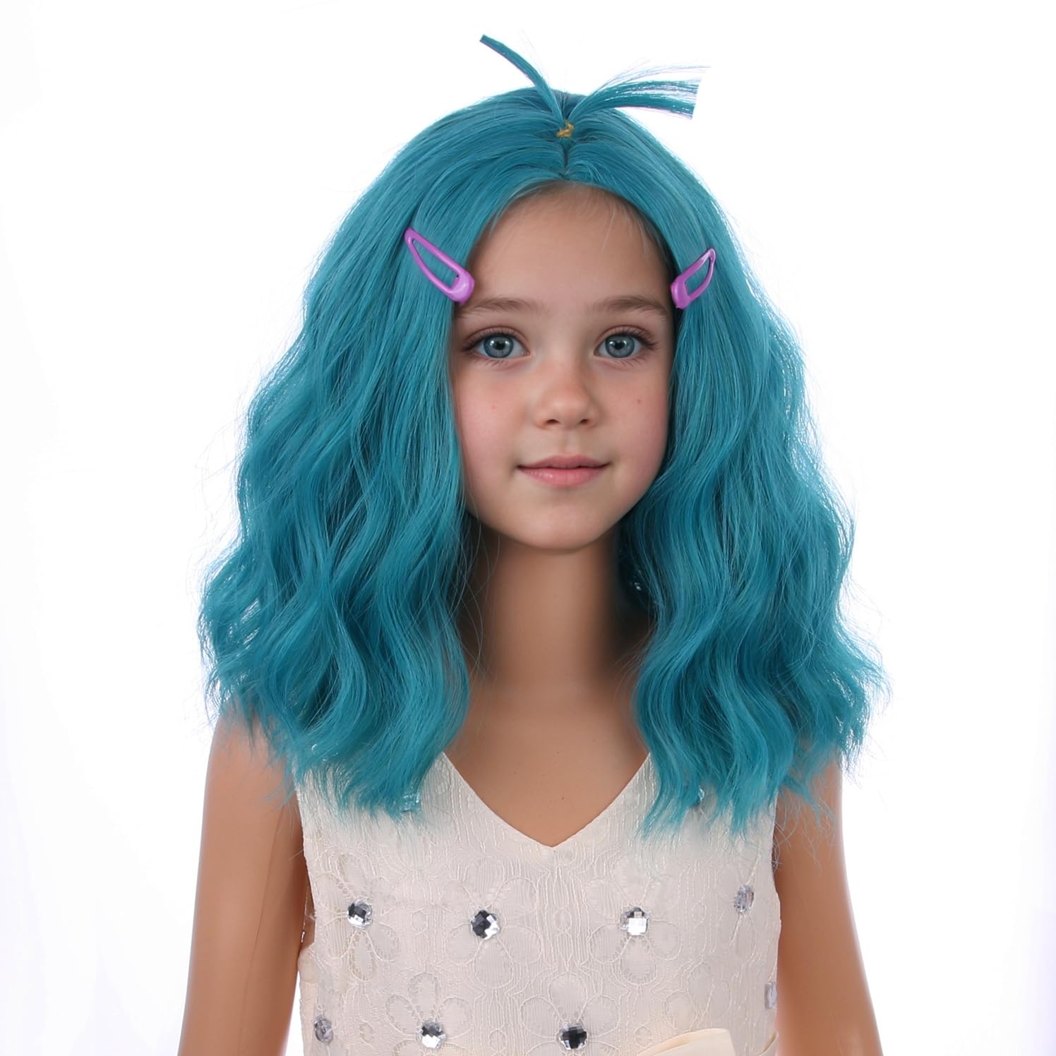 PATTNIUM Blue Green Wig for Kids Girls Short Curly Wavy Green Blue Wig with Hairpins Dark Green Wigs Synthetic Cosplay Halloween Wigs