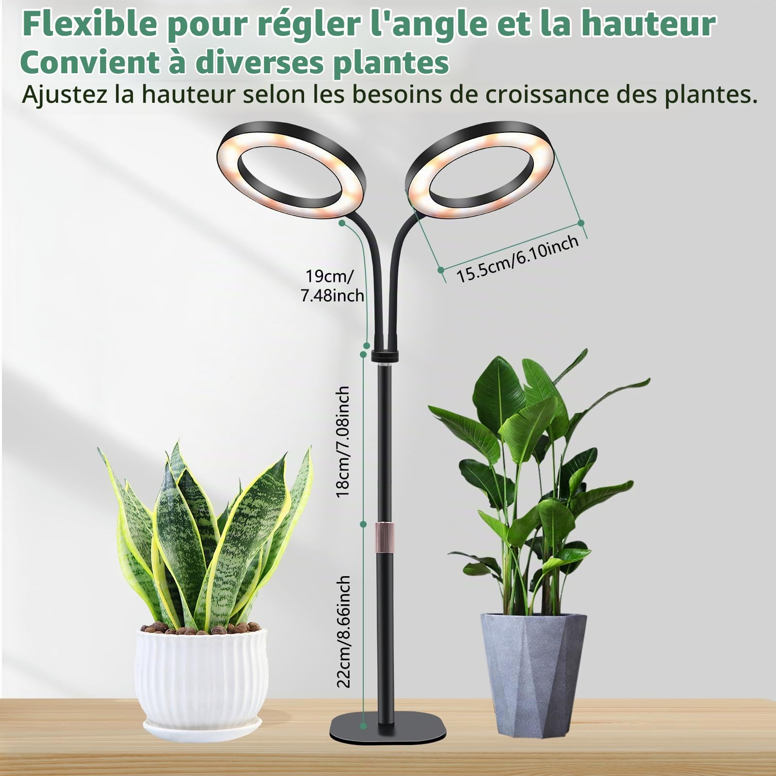 Niello Lampe de Croissance pour Plantes d'Intérieur, Lampe de Bureau LED à Double Tête, Hauteur Réglable, Minuterie Automatique avec 3/9/12 Heures, Idéal pour la Croissance de Petites Plantes