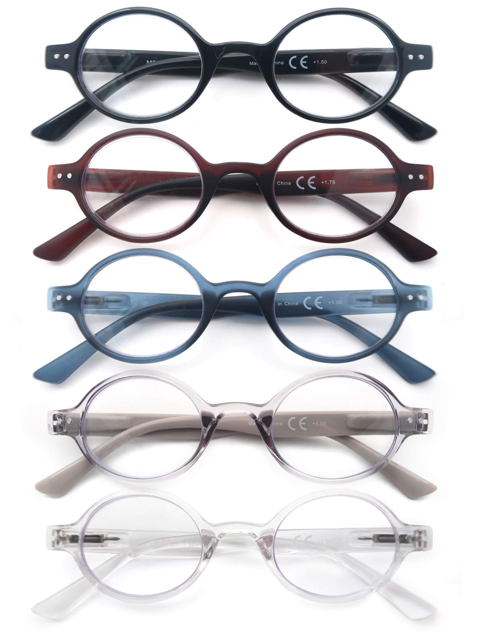 HEEYYOK Round Reading Glasses Men/Women 1.75 5-Pack,Spring Hinge,Retro Mini Small Comfort Readers 5-Pouch