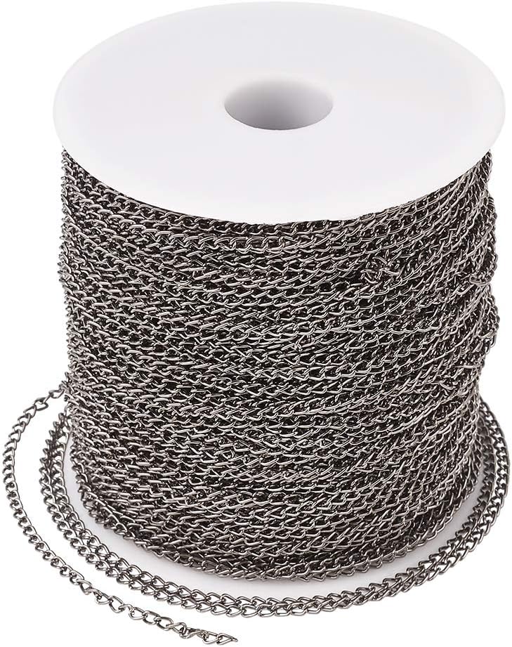FASHEWELRY 328 Feet Iron Cable Chains 3x2x0.5mm Unwelded Flat Oval Cross Link Chains with Spool for Bracelet Necklace Jewelry Making (Silver)