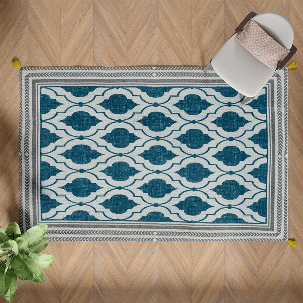 Handmade Printed Dhurrie | Carpet Rug Runner Floor Mat for Living Room, Bedroom| Perfect for High-Traffic Areas | Soft, Easy-Care, and Stylish Tassels | Polyester | Rectangle Meher 2x3 Feet, Blue-image-9
