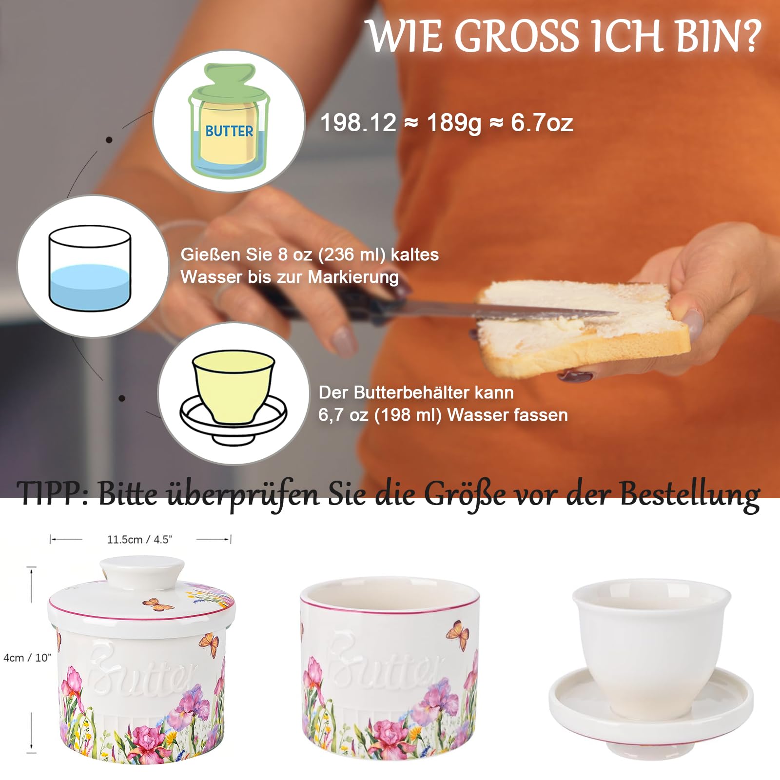 Keramik-Butterglocke – Französische Butterdose Mit Wasserkühlung, 150 G Fassung, Weiß, Für Streichzarte Butter