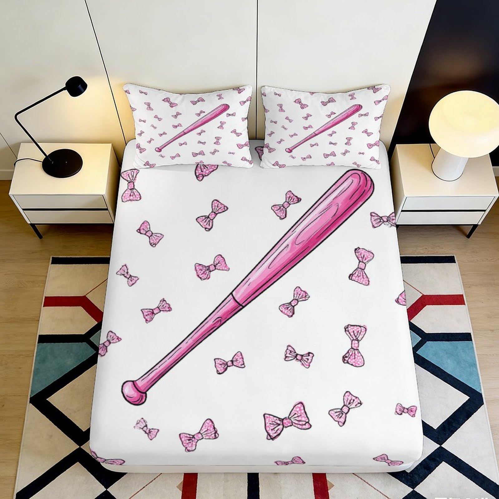 Jqzkxnhpbr Style-2 3D Printed Pink Baseball Bat Fitted Sheet Microfiber Soft Bow Pattern Mattress Cover For Bedroom Dorm Decor 90X200x25cm
