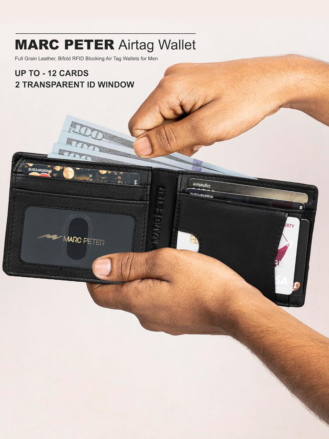 Marc Peter Airtag Wallet – Minimalist Front Pocket RFID Blocking Mens Wallet Full Grain Leather, Bifold AirTag Holder with 2 ID Window up to 14 Cards and Gift Box Nappa Black - Image 9
