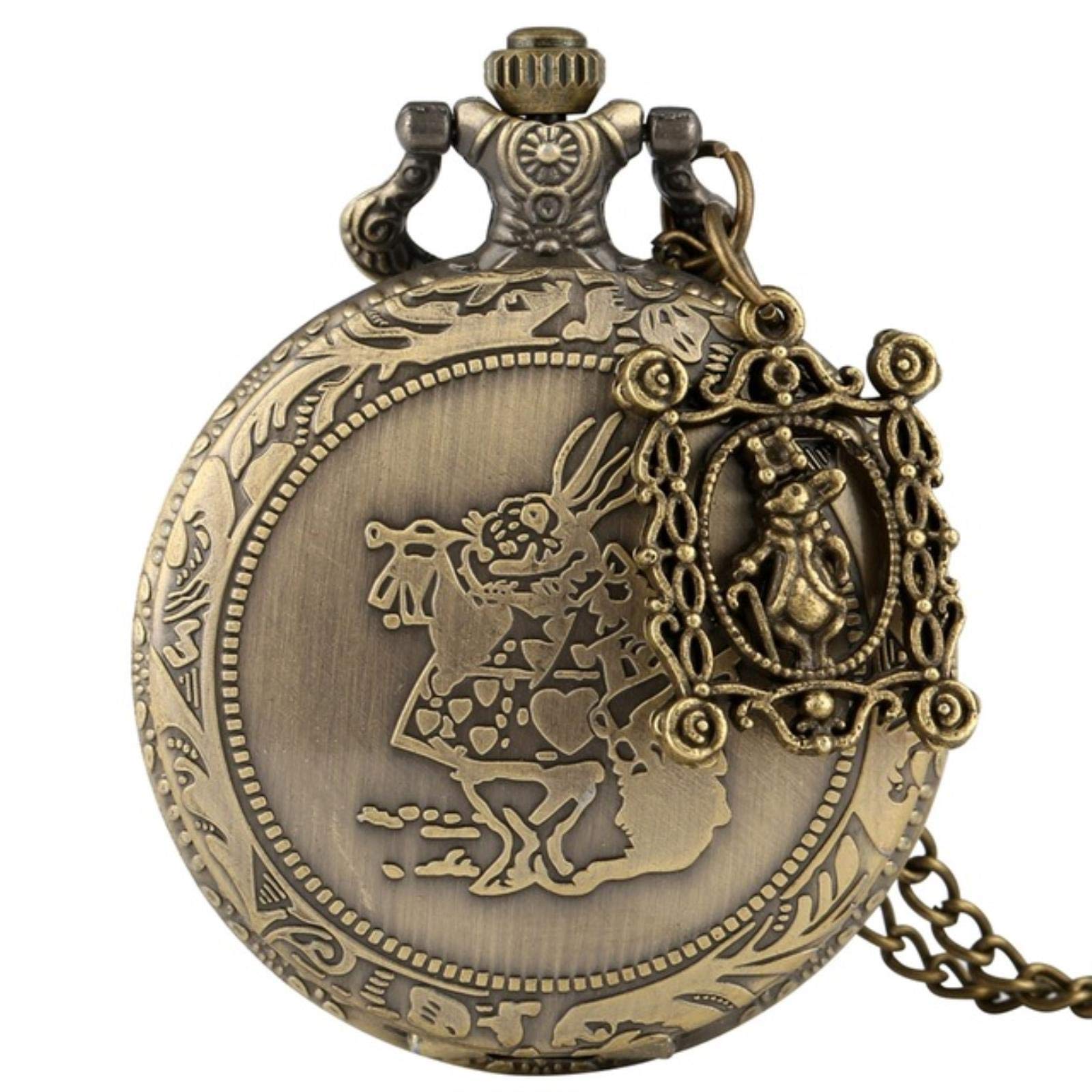 RUVANE Taschenuhr-Halskette, Bronze, Alice im Wunderland, süßer Hase, Quarz-Taschenuhr, Anhänger, Halskette, Kette, Uhr mit Karussell-Zubehör, mit Krückenhase Star of Light