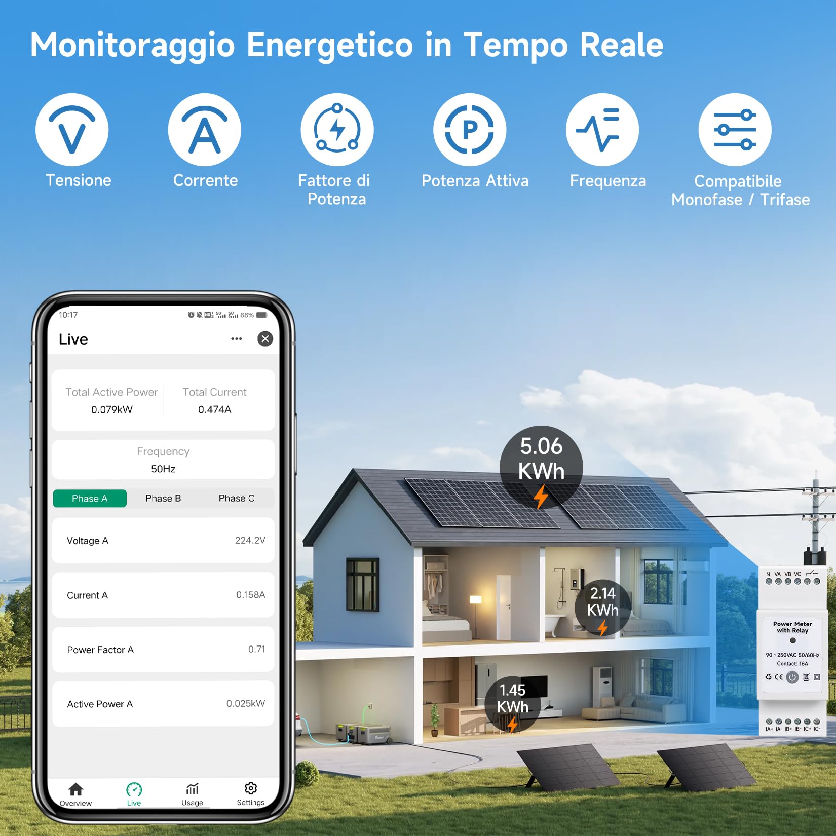 OWON Contatore elettrico intelligente Wi-Fi con relè, compatibile con Tuya, contatore di energia per sistema mono/trifase, contatto a secco 16 A, monitoraggio in tempo reale, tensione e potenza, Alexa