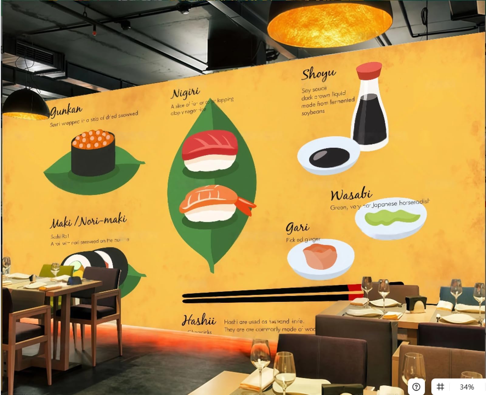XDOUBAO Wallpaper Fashion Hand-Painted Delicious Cuisine Sushi Restaurant Fast Food Afternoon Tea Western Restaurant Background Wallpaper Coffee Shop Mural,3D,300x210cm