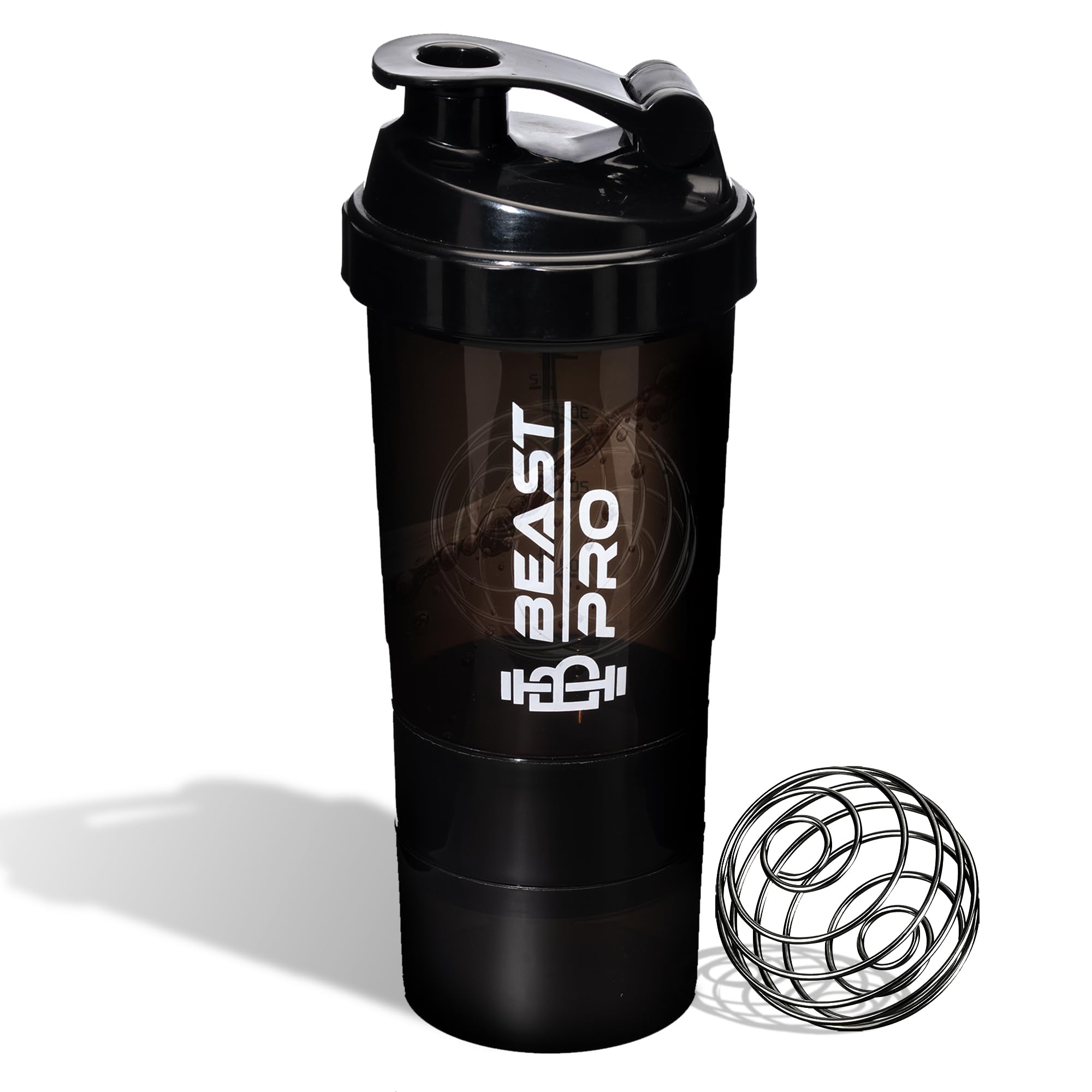 Beast Pro Shaker Bottle For Protein Shakes and Pre workouts | Protein & Pill Storage Bin | 16 Ounce | Plastic Shaker Bottle | Leak Proof | BPA Free (Black)