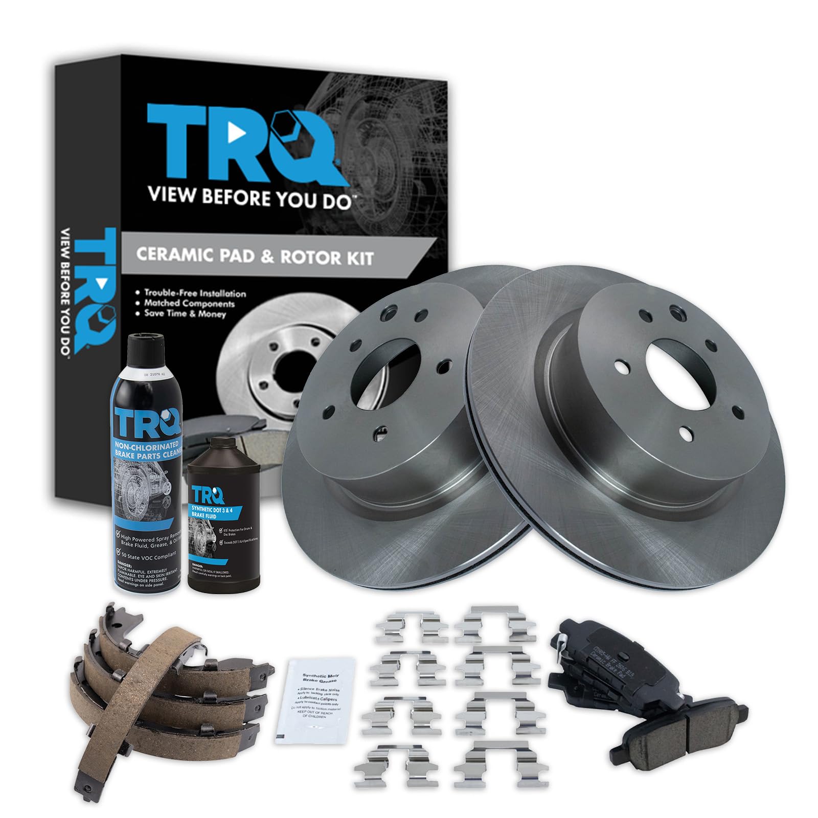 TRQ Rear Brake Pad &amp; Rotor Kit, with Chemical Kit Parking Brake Shoe Set Ceramic Compatible with 2009-2019 Nissan Maxima