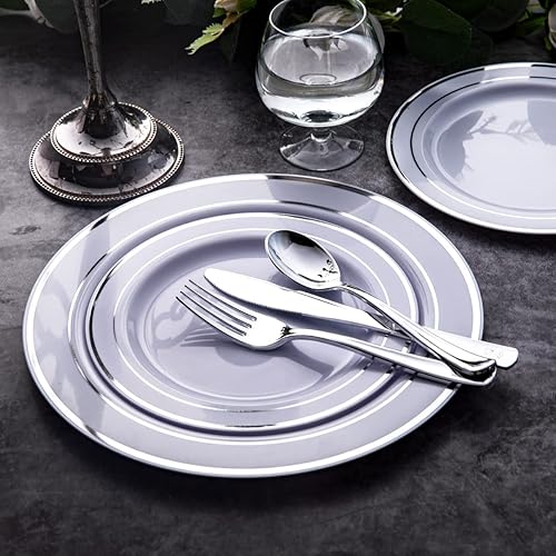 Miniatura 8 de WDF 300 cubiertos de plástico plateado, cubiertos de plástico resistentes, 100 tenedores, 100 cuchillos, 100 cucharas, cubiertos desechables