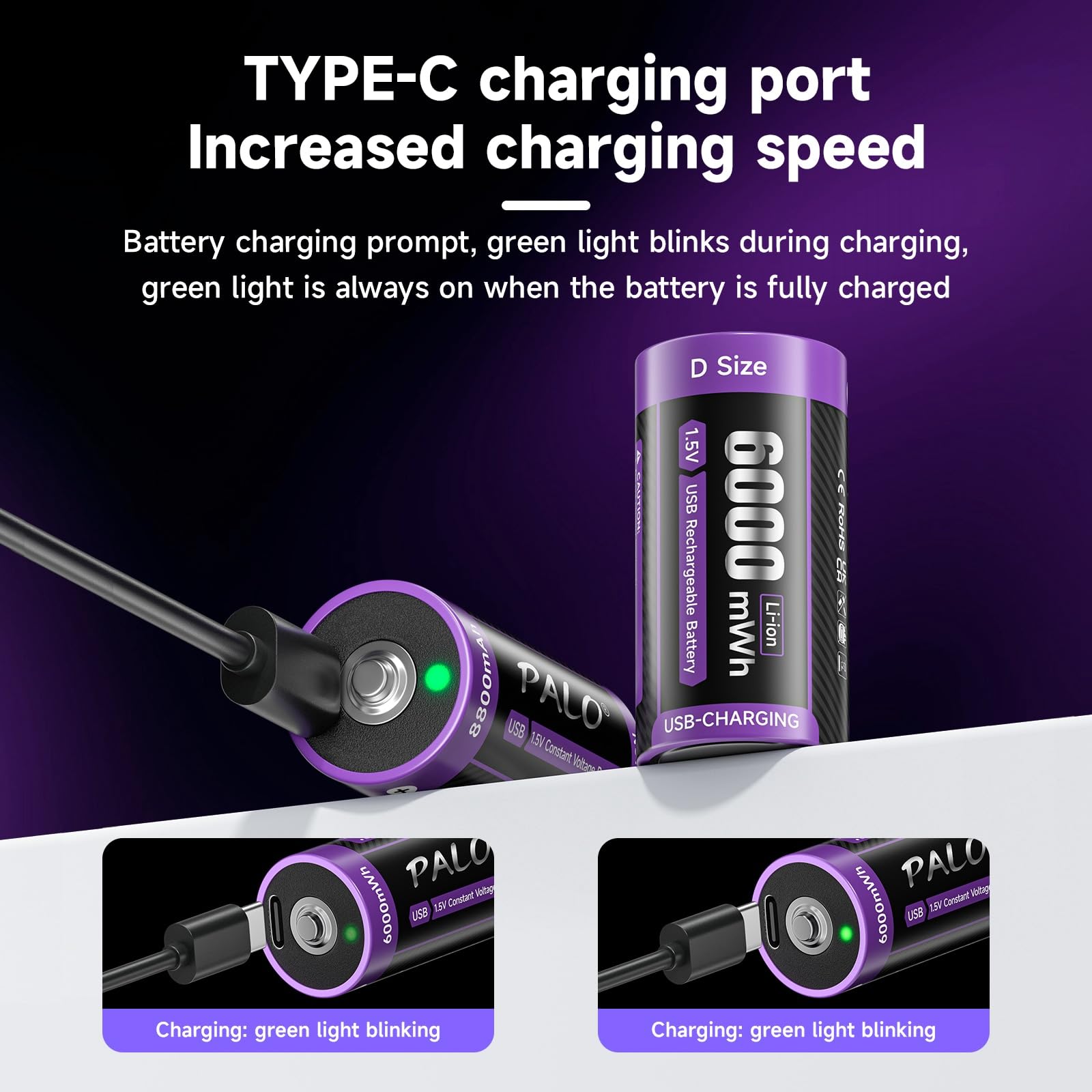 Batterie C ricaricabili da 1,5 V 6000 mWh LR14 C Batterie al litio USB-C con cavo di ricarica di tipo C, bassa autoscarica, con luce di ricarica, oltre 1500 cicli, confezione da 6