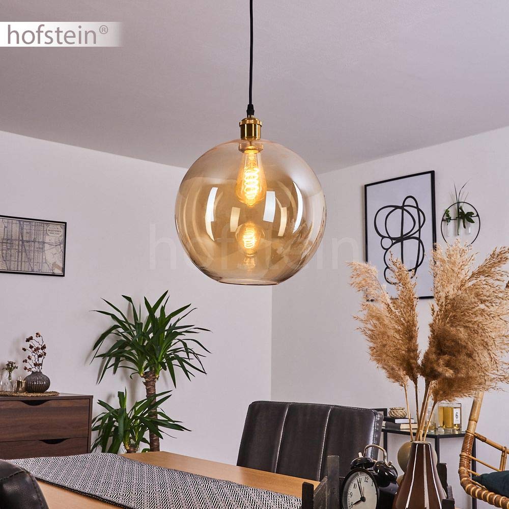 HOFSTEIN Hängeleuchte Lololo, 1-flammige Hängelampe aus Metall/Glas in Altmessing-/Bernsteinfarben, moderne Pendelleuchte im Retro/Vintage-Design, Ø 29 cm, E27, Esszimmer, Küche, Wohnzimmer