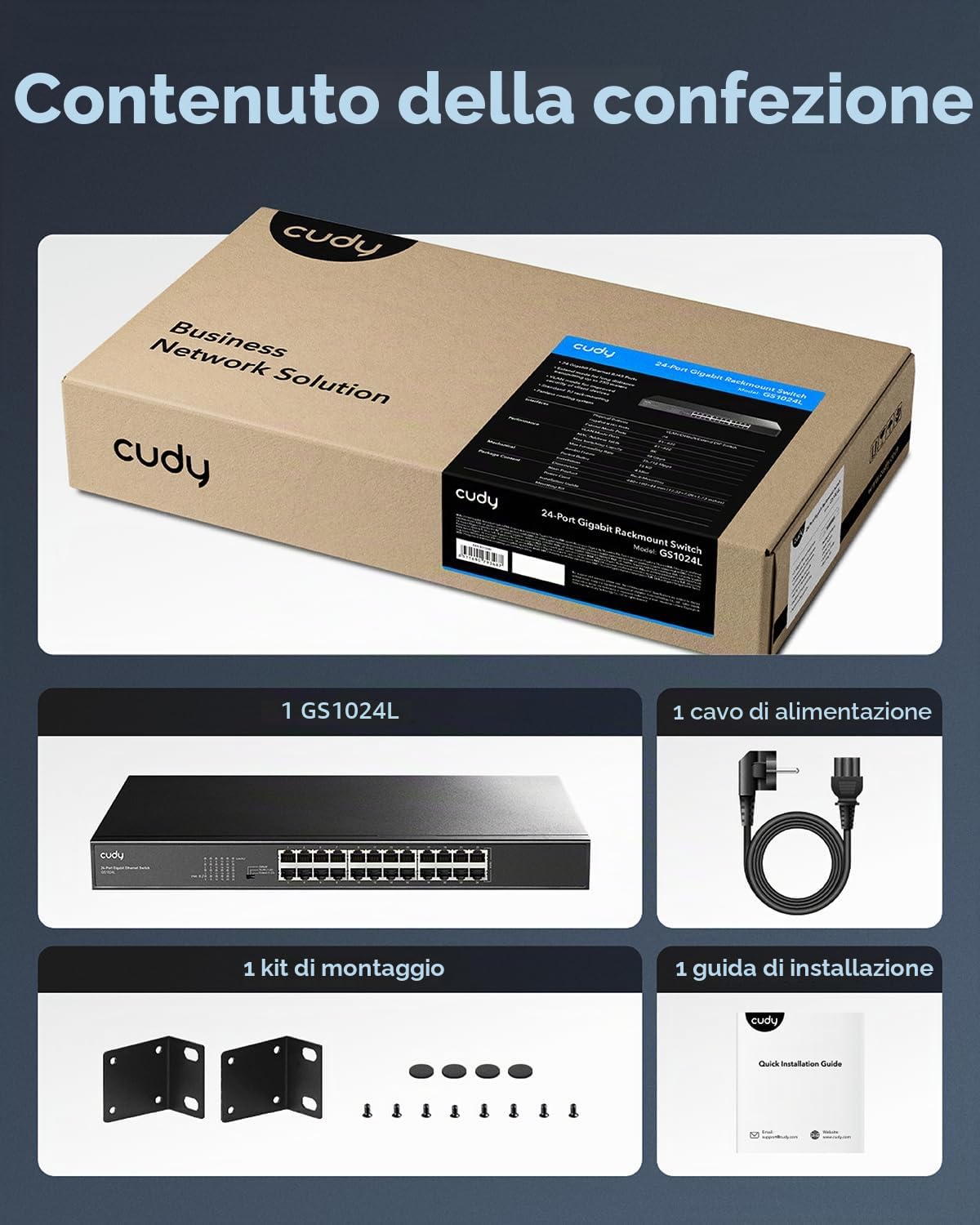 Cudy GS1024L Switch Gigabit Ethernet 24 Porte, Montaggio Su Rack, Plug & Play, Porte Schermate In Metallo Robusto, Senza Ventole, Ottimizzazione Del Traffico Silenzioso